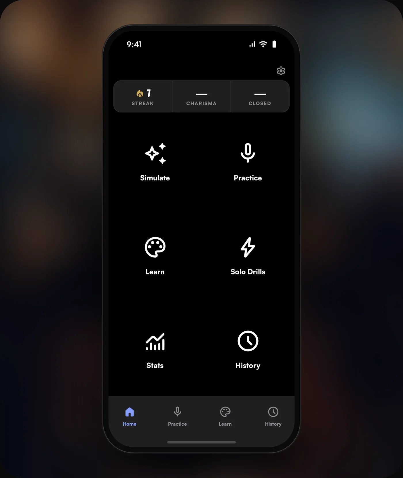 The Home screen: streak, charisma and closed rate, then six destinations — Simulate, Practice, Learn, Solo Drills, Stats, History.