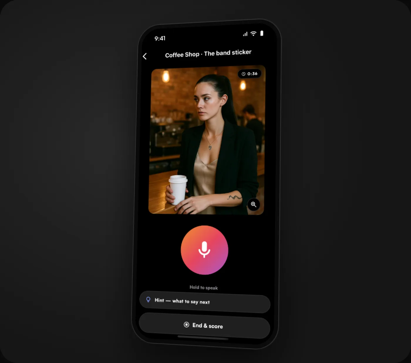 A live session in a coffee shop: the persona’s portrait, the Hold-to-speak disc, a hint, and End & score.