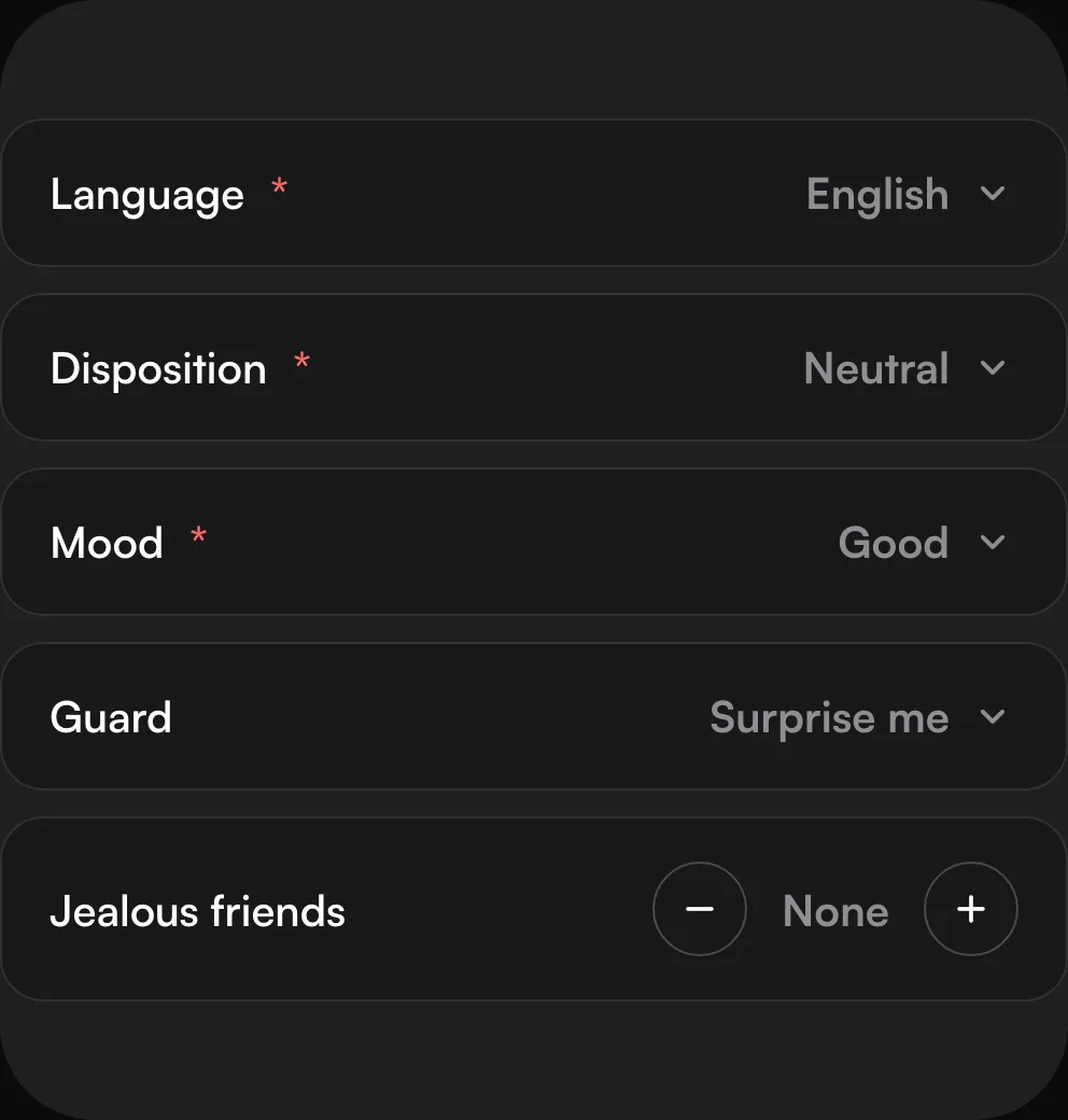 Setup rows: Language, Disposition, Mood, Guard, and a Jealous friends stepper.
