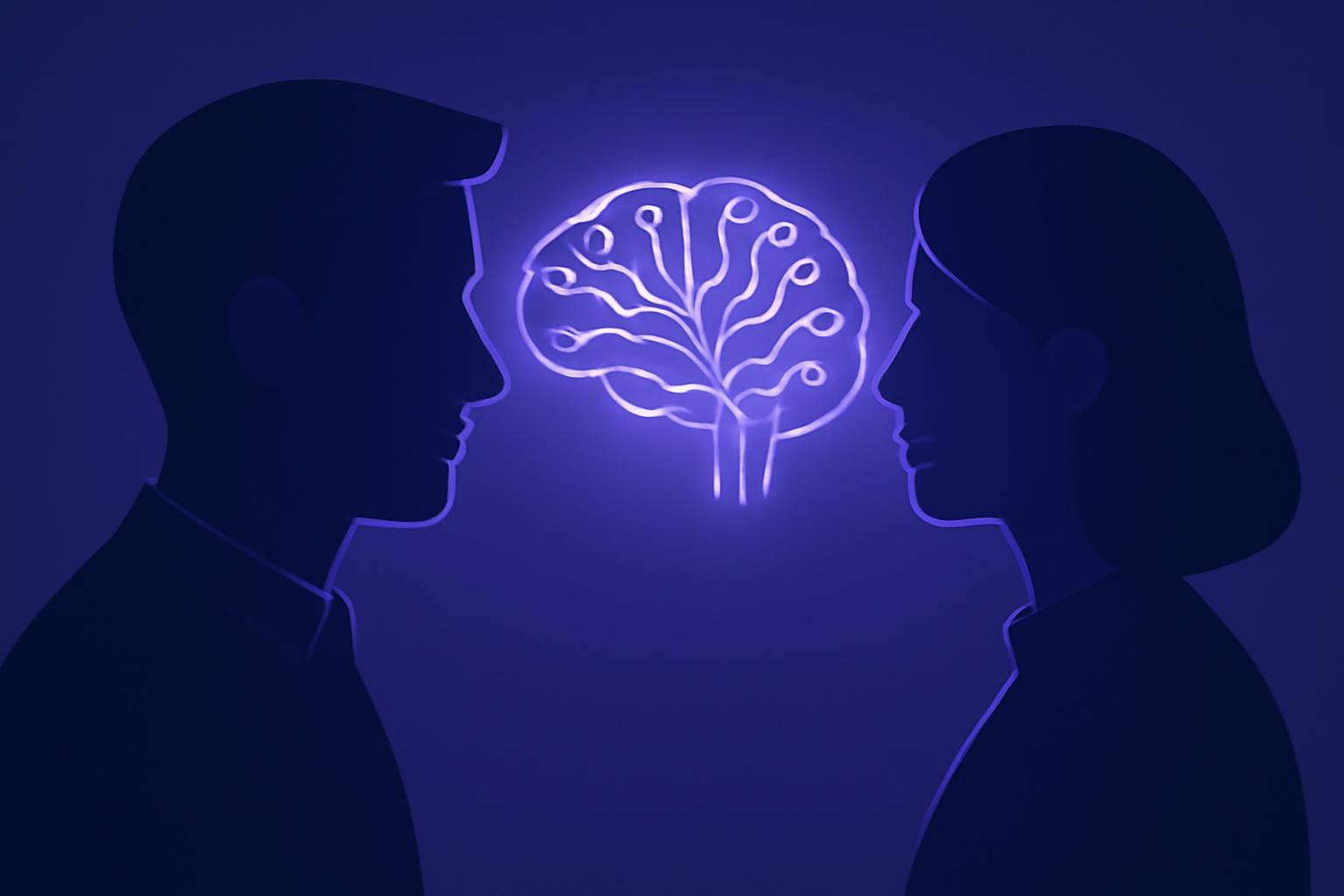 Two figures in profile facing each other, a glowing outline of a brain between them